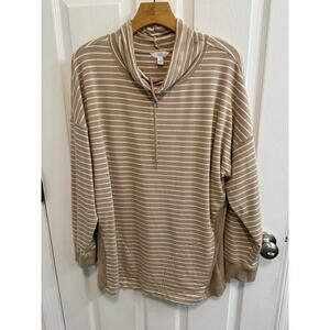 Time and Tru L (12-14) Cowl Neck Drawstring Tunic Tan White Stripe Long Sleeve​